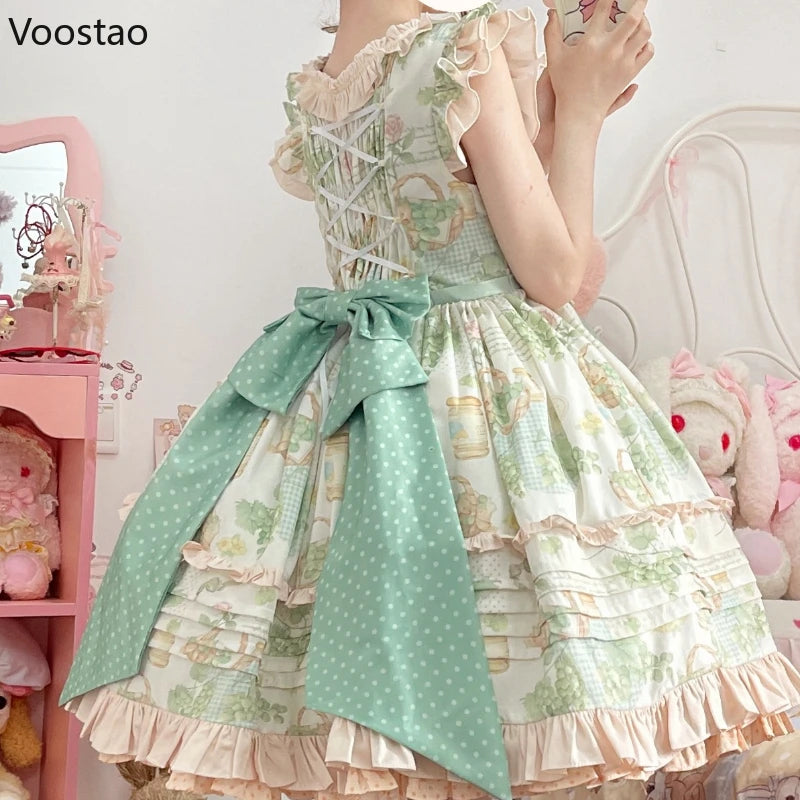 Japanese Sweet Lolita Dress Women Victorian Pastoral Style Princess Dress Ruffles Green Grape Print Bow Trailing Party Dresses