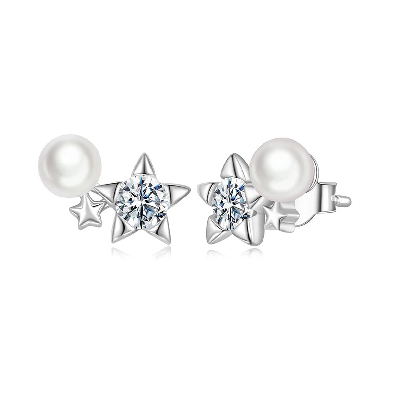 WOSTU 0.4 CT moissanite Star Stud Earrings For Women , 925 Sterling Silver Pearl Moissanite Stacking Studs Earring Xmas Gift
