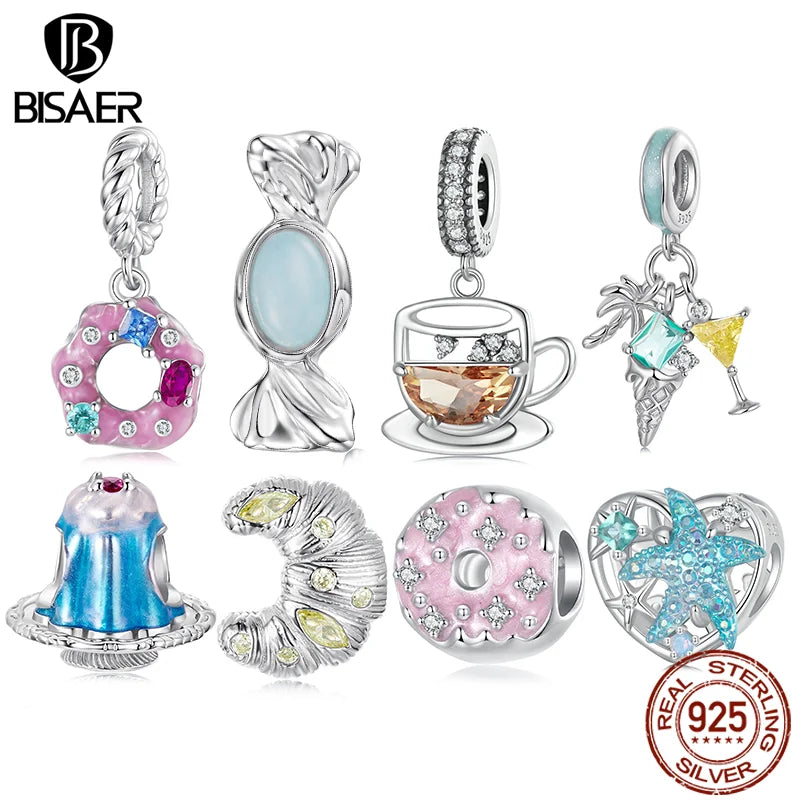 BISAER 925 Sterling Silver Donut Pendant Sweet Candy Coffee Summer Drinks Charm Bead for Women DIY Bracelet Fine Jewelry Gift