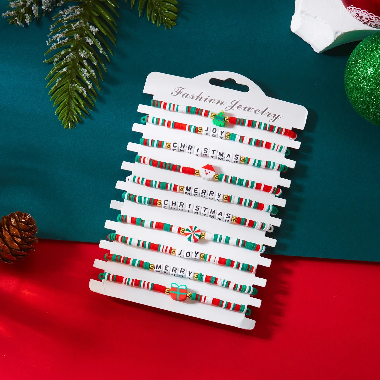 12/10Pcs Elastic Beaded Bracelets Christmas Colorful Beads Soft Clay Pottery Stretchy Strand Chain Bangle Party Festival Jewelry