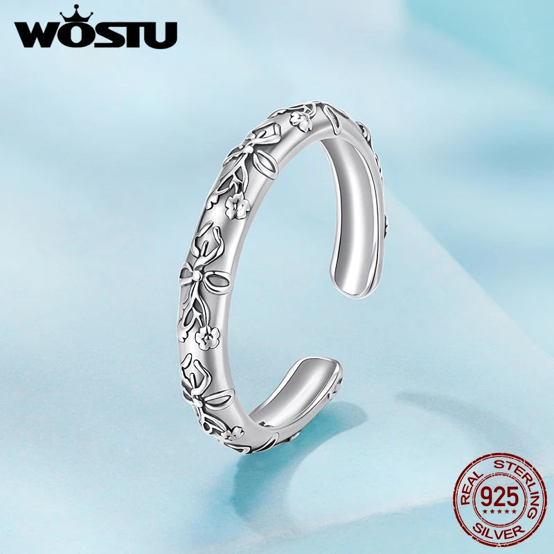 WOSTU 925 Sterling Silver Vintage Flower Patterm Bow Ring Stacking Simple Flower Opening Rings Jewelry Gift For mom Love Family