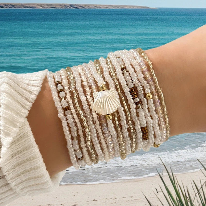 17/10Pcs Elastic Beaded Bracelets Bohemian Colorful Beads Stretchy Strand Chain Bangle Girls Summer Beach Party Vacation Jewelry