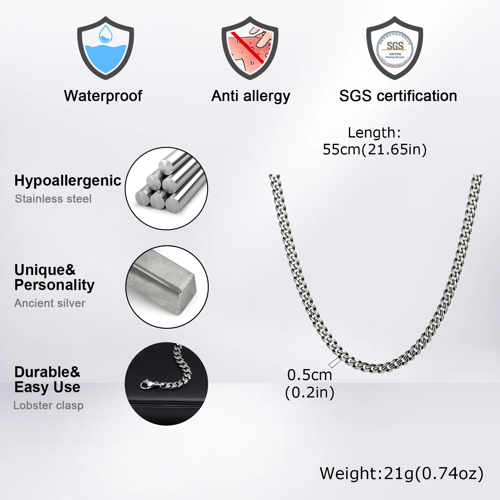 Collier Vnox rétro en acier inoxydable oxydé, chaîne cubaine, maille gourmette Miami 5 mm, bijou unisexe simple et tendance