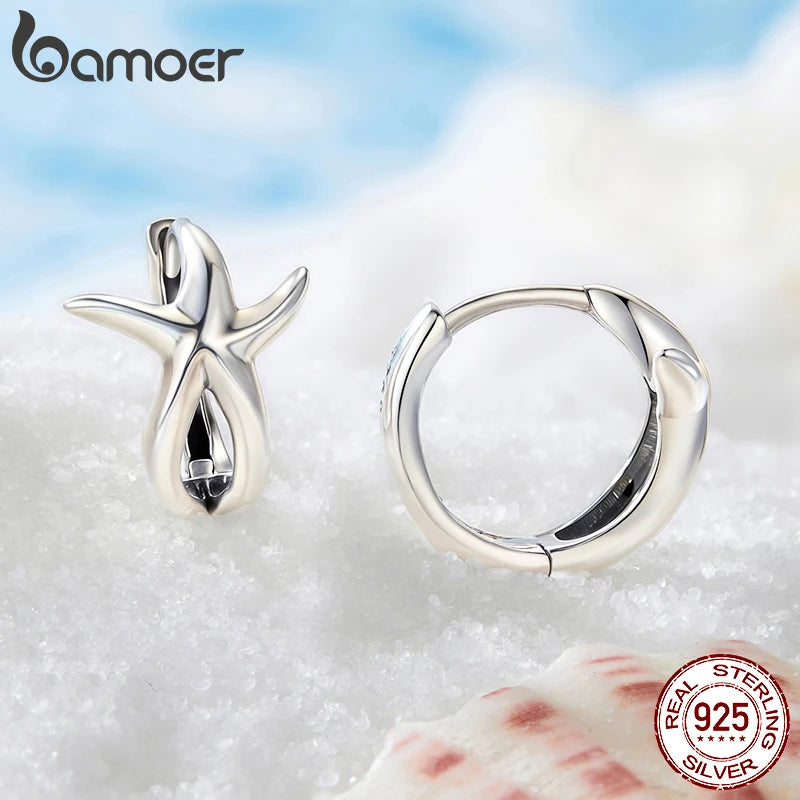 BAMOER Solid 925 Sterling Silver Starfish Hoop Earrings for Women Teens Starfish Small Hoop Earrings Huggie Small Beach Earrings