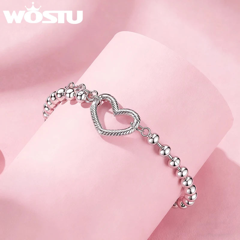 WOSTU Verstellbares Silberperlenarmband mit offenem Herzanhänger, schlichtes Armband aus 925er Sterlingsilber für Charms, Perlen und DIY-Schmuck
