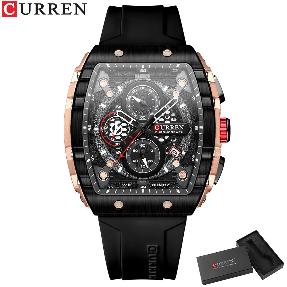 Montres de sport CURREN uniques, rectangulaires, avec grand cadran, mouvement à quartz, bracelet en silicone et date automatique.