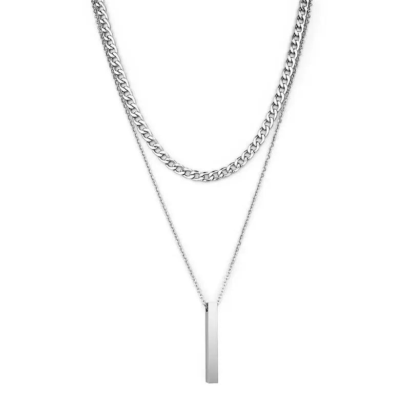 3D Vertical Bar Necklaces for Men Two Layer Stainless Steel Geometric Pendant Snake Chain Cuban Chain Fashion Necklace