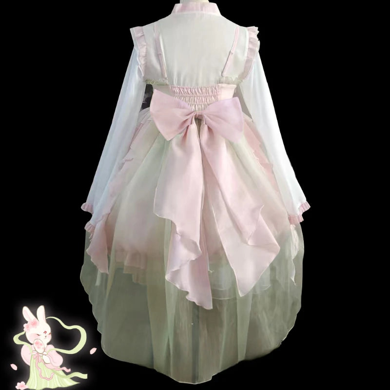 Sweet Lolita Princess Dress Women Cute Cartoon Rabbit Print Flower Ruffles Party Dresses Chinese Hanfu Style Kawaii Lolita Sets