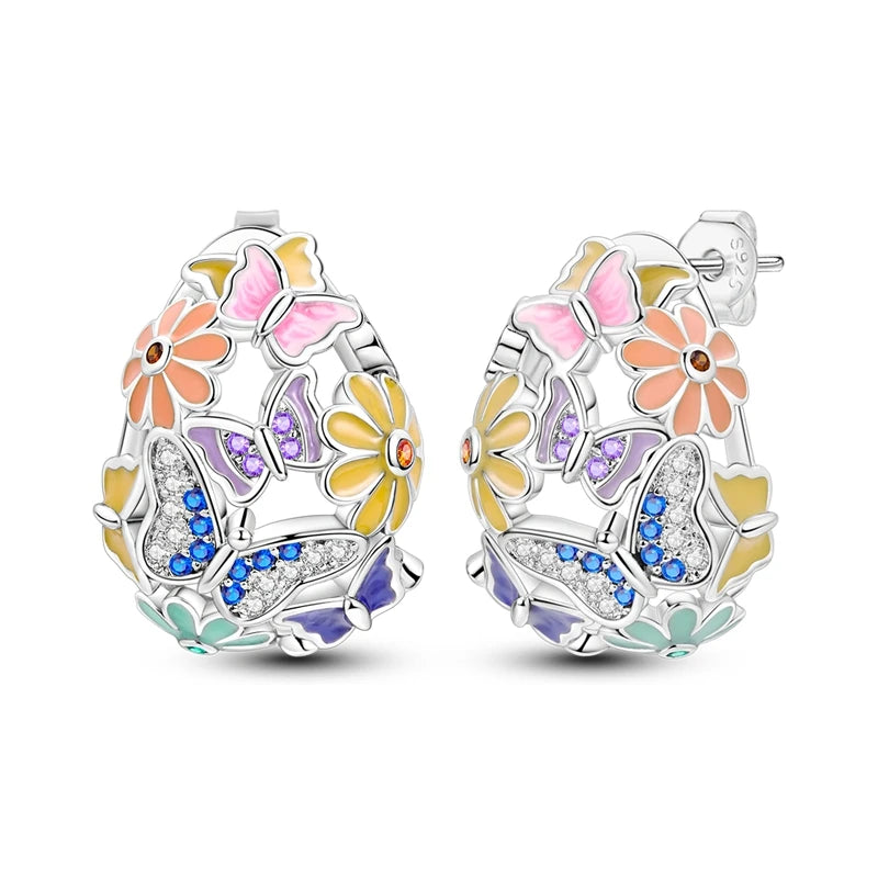 Pink Series 925 Sterling Silver Romantic Flower Butterfly Unicorn Tulip Geometry Earrings Boutique Fine Jewelry Gifts for Women
