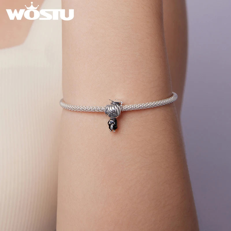 WOSTU 925 Sterling Silver Graduation Charm Unicorn Wise Owl Pendant Bachelor's cap Beads Original for Girl Boy Fine Jewelry DIY
