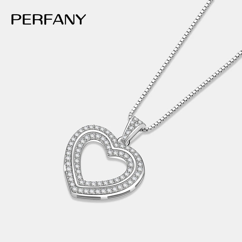 PERFANY Full Moissanite Heart Necklace for Women S925 Pure Silver Sparkling Double layered Heart Pendant Sweet Luxury Jewelry
