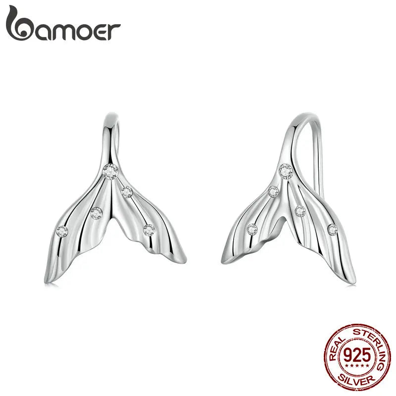 BAMOER Solid 925 Sterling Silver Mermaid Tail Stud Earrings Minimalist Small Studs Daily for Women Fashion Jewelry SCE1807