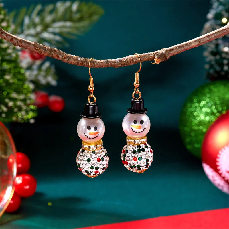 Fashion Christmas Snowman Snowflake Stud Earrings For Women Shiny Rhinestone White Pearl Piecring Earring New Year Jewelry Gifts