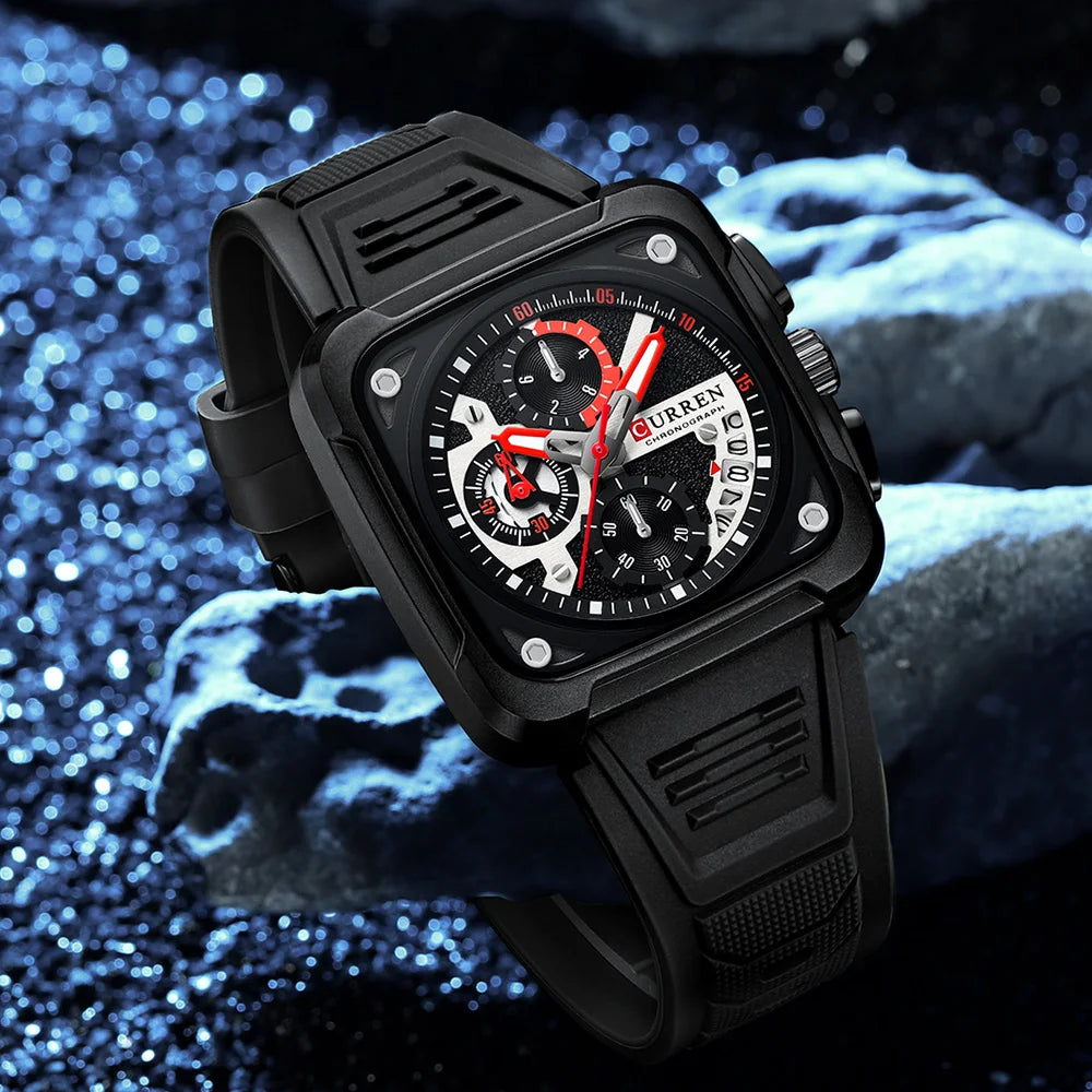 CURREN Men's Watches Brand Sporty Unique Square Dial with Chronograph Male Quartz Wristwatch with Silicone strap Waterproof
