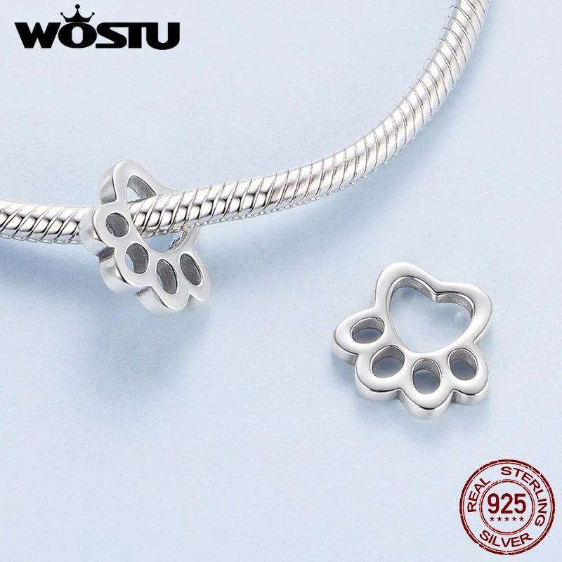 WOSTU 925 Sterling Silver Adjustable Basic Heart Bangle Bracele Pet paw Hollow Charms Star Heart Beads Original DIY Jewelry Gift