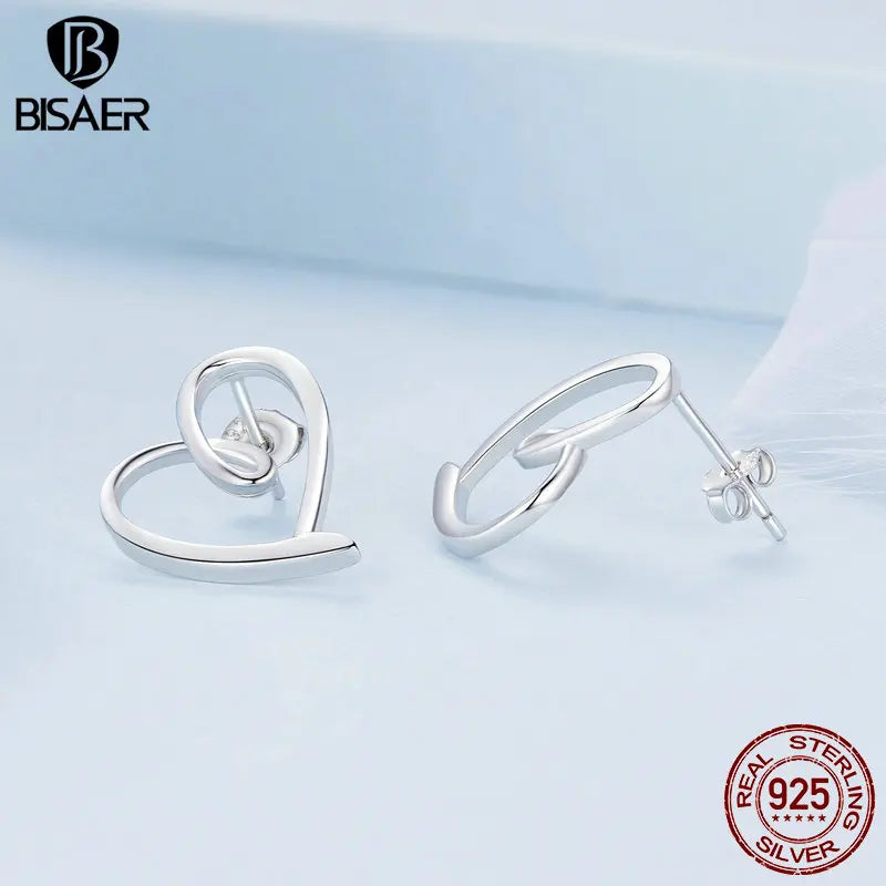 BISAER 100% 925 Sterling Silver Simple Heart Stud Earrings Plaqué Platine Ear Clip Pour OL Femme Mariage Fine Jewelry EFE871