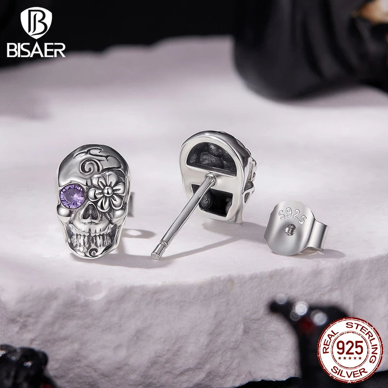 BISAER 925 Sterling Silver Skull Stud Earrings, Purple Zircon Earring Hypoallergenic for Women Party Fine Jewelry Halloween Gift