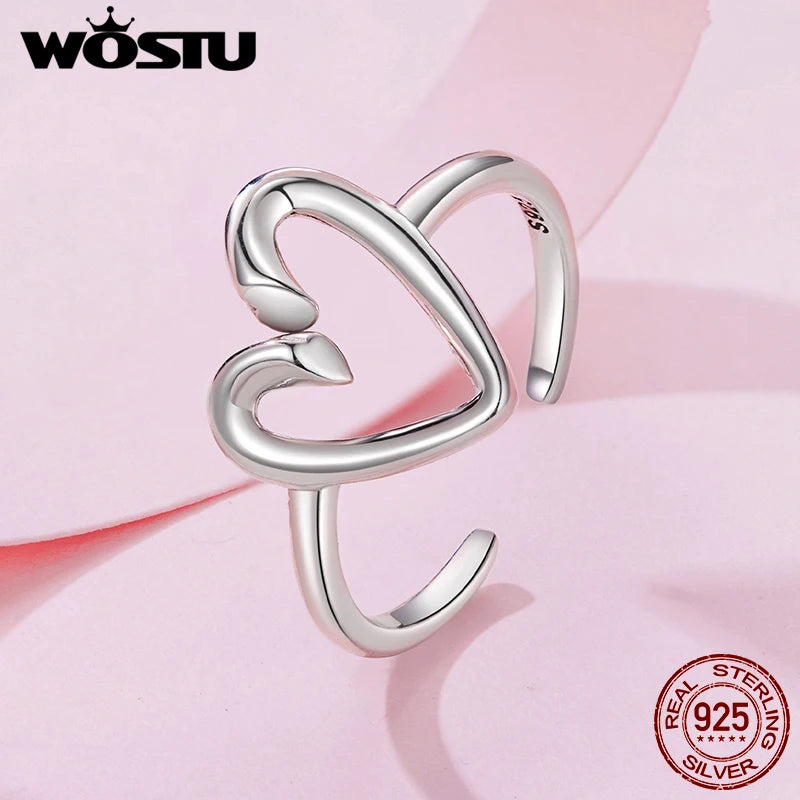 WOSTU Herzförmiger Ring EDA aus massivem 925er Sterlingsilber, zierlicher, verstellbarer Ring, minimalistisches Schmuckgeschenk für Sie