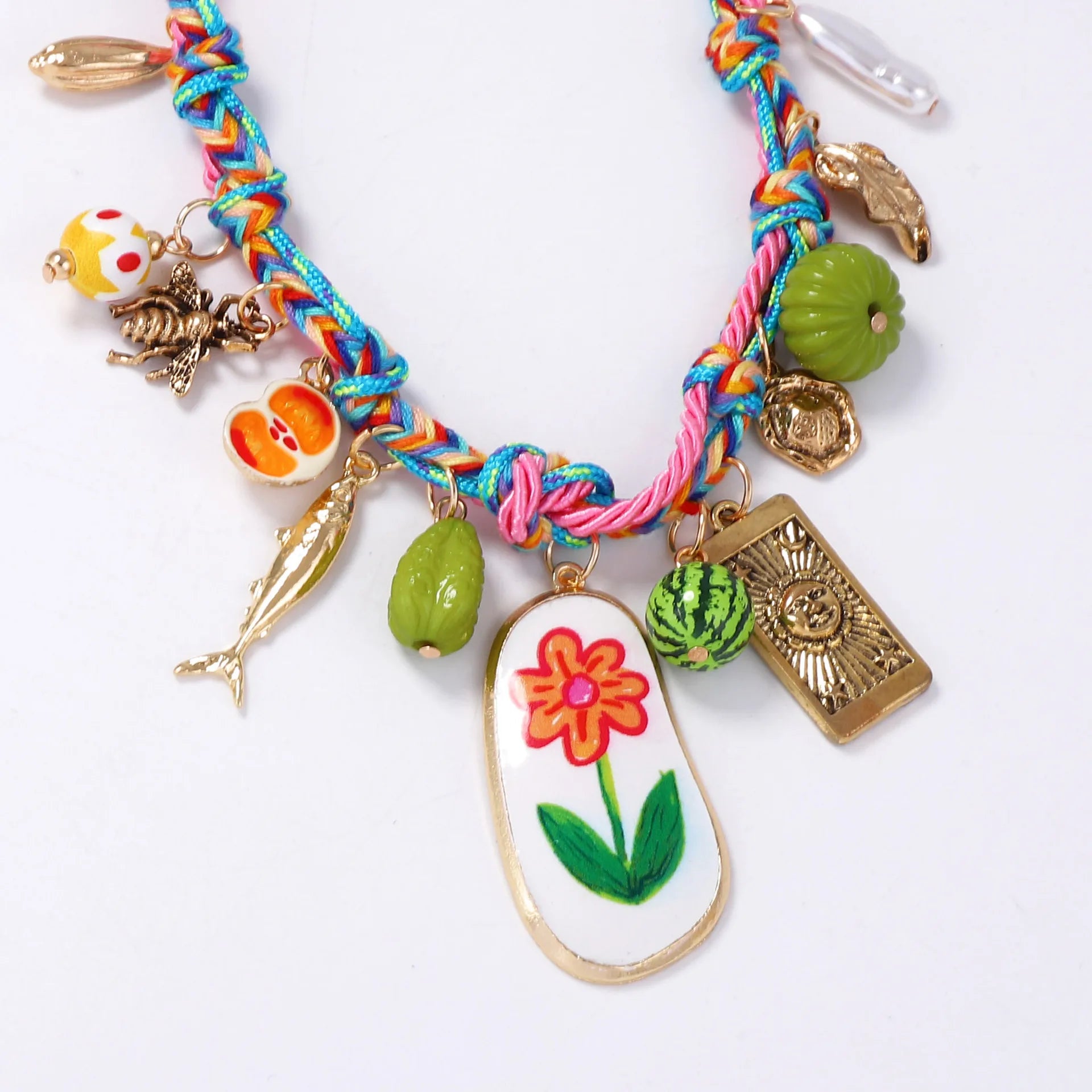 Summer Colored Hand Woven Rope Alloy Flower Fruit Pendant Necklace