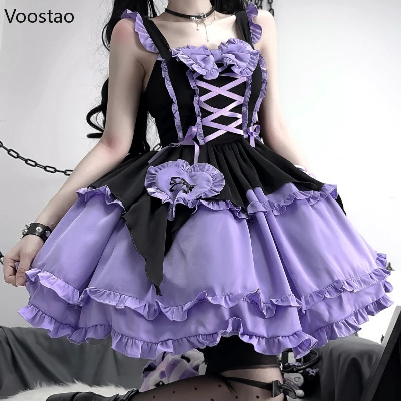 Japanese Gothic Lolita Jsk Dress Japanese Women Harajuku Y2k Halloween Little Witch Cosplay Ruffles Bow Princess Party Dresses