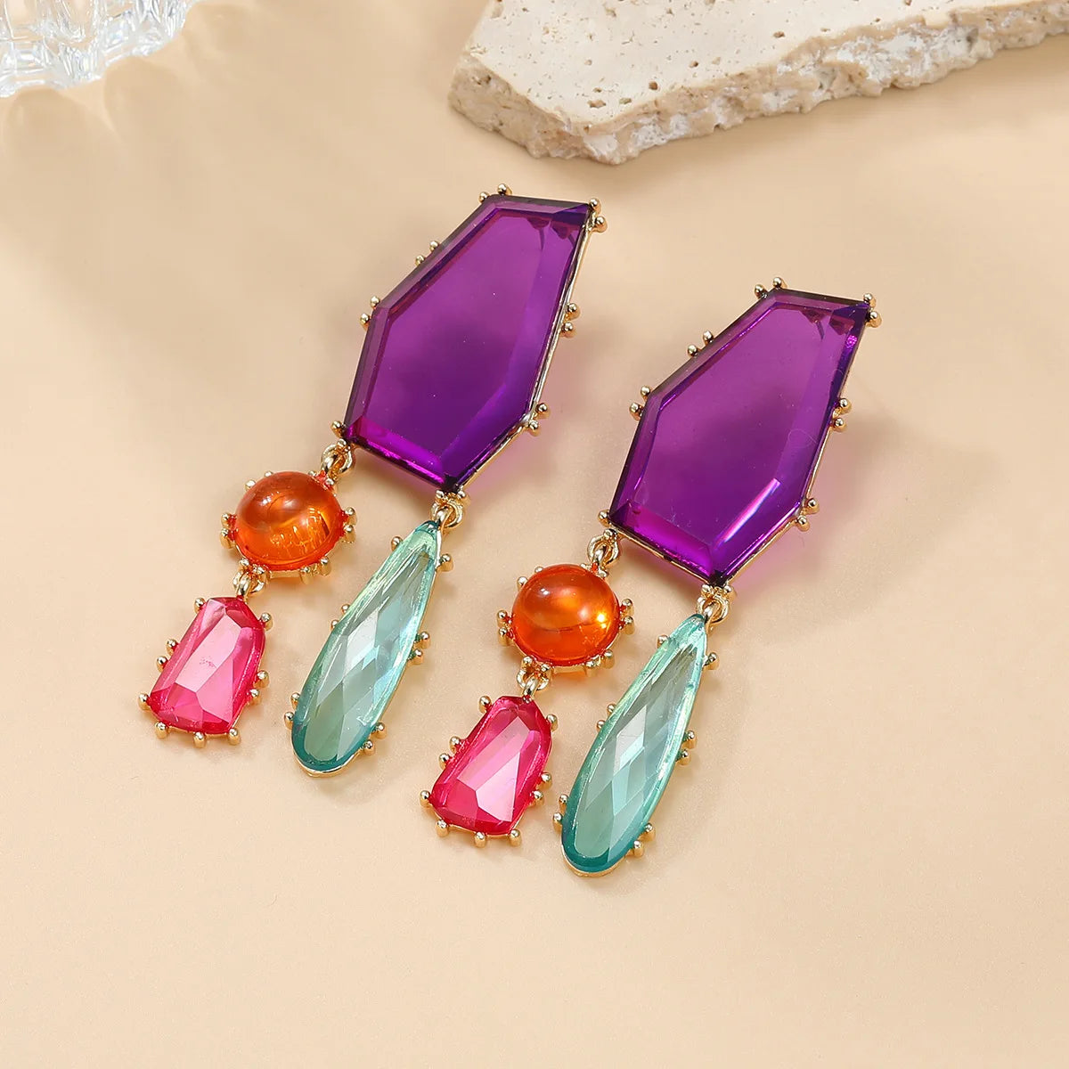 Bohemian Geometric Colorful Resin Dangle Long Earrings Jewelry