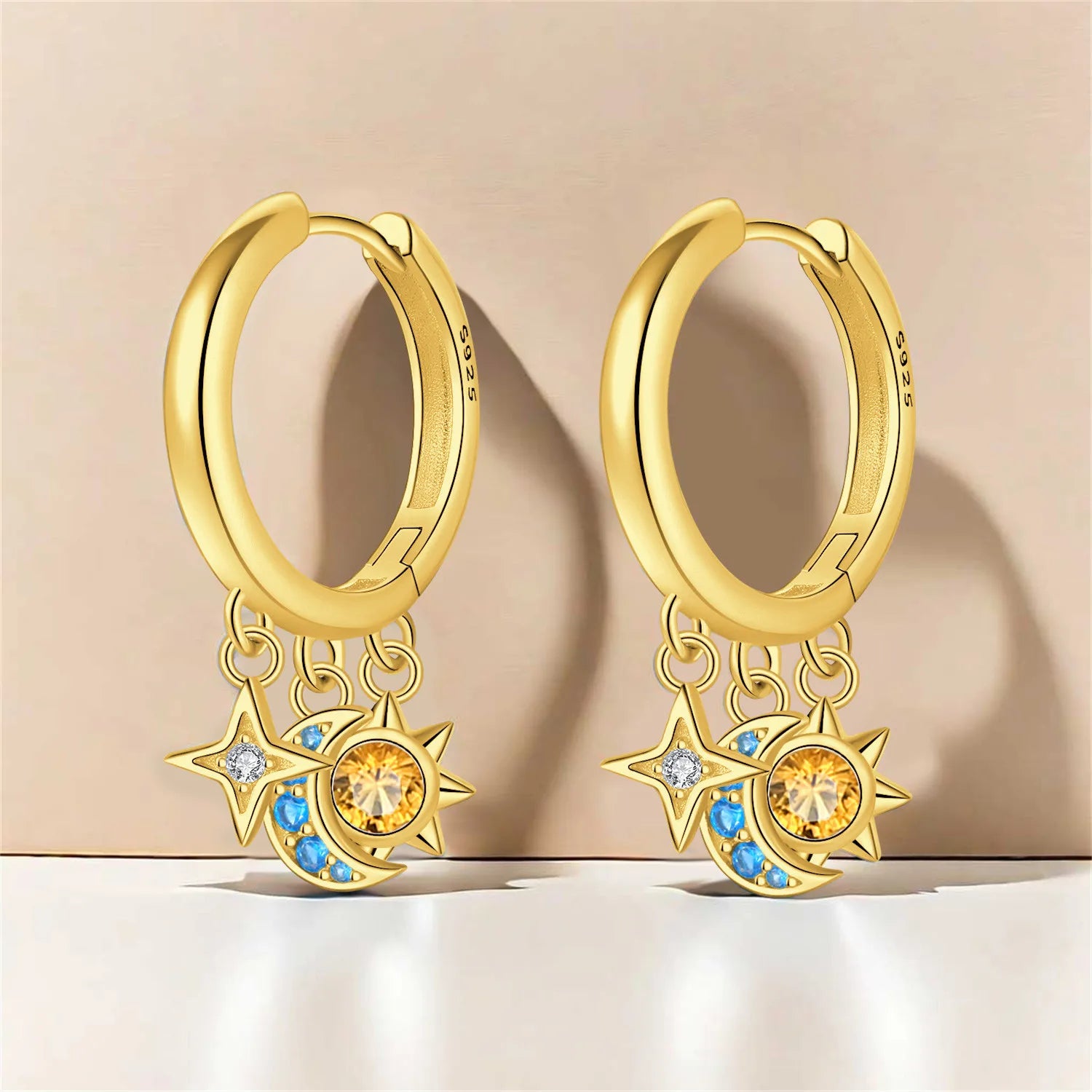 PANPOKI 925 Sterling Silver Golden Star Moon Mythical Drop Earrings Women Earrings Charm Fashion Versatile Party Jewelry Gifts