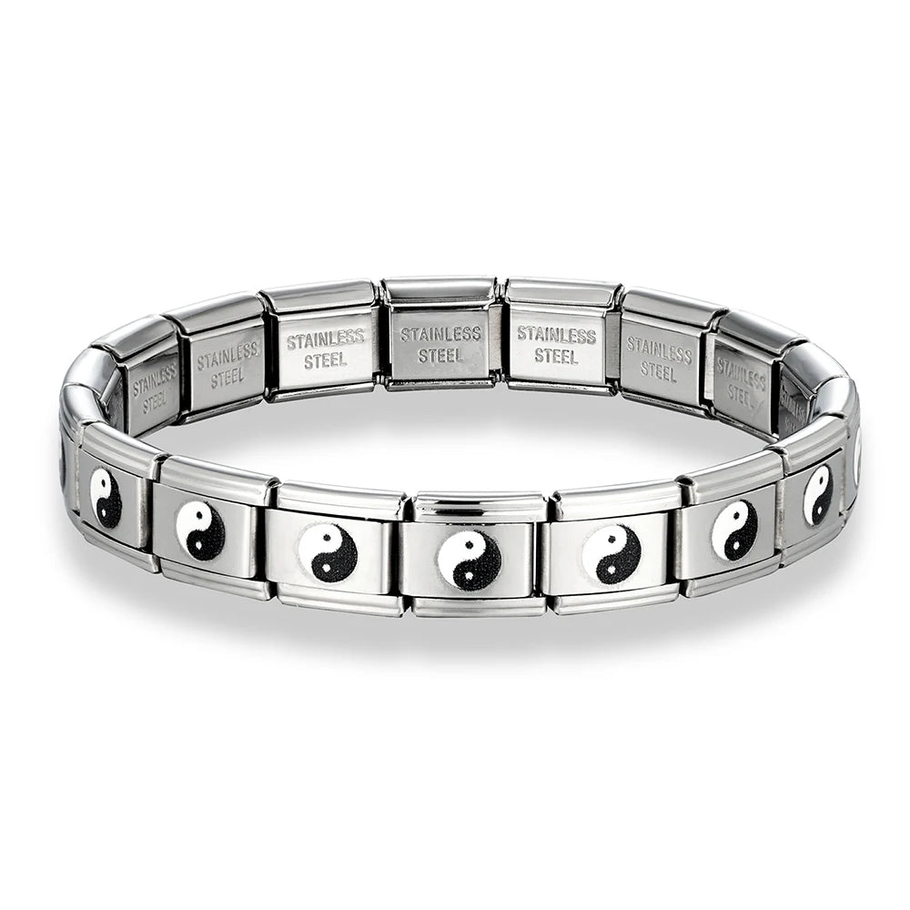 MKENDN Italian Elastic Charm Bracelet 9mm DIY YINYANG TAIJI Cartoon Candy Heart Stainless Steel Fashion Bangle