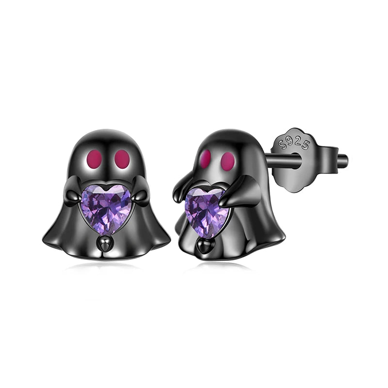 BAMOER 925 Sterling Silver Black Enamel Ghost Stud Earrings for Halloween Gift, Punk Style Purple Zircons Crow Piercing Earrings