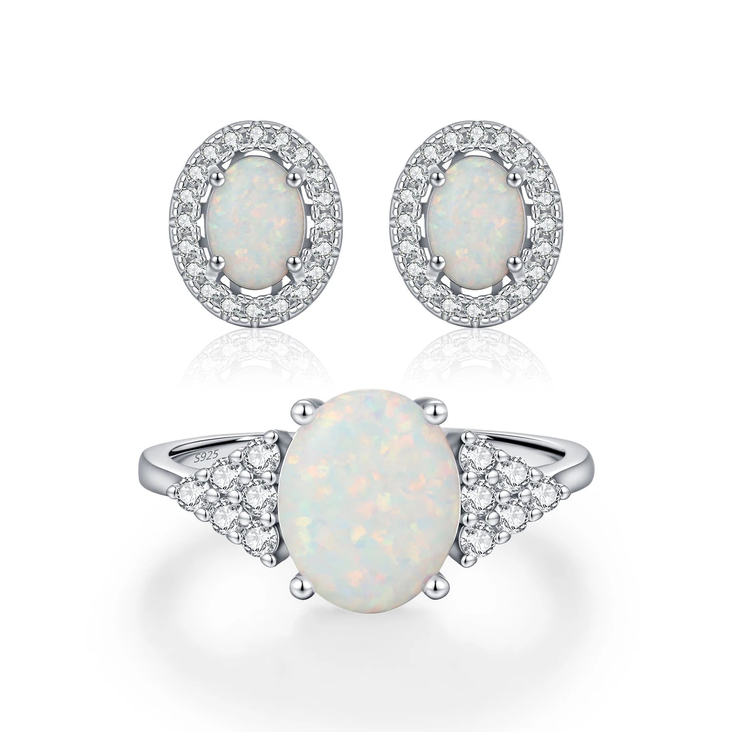 MODIAN 925 Sterling Silver Oval Ear Studs Fashion Elegant Opal Finger Rings For Women Office Fine Jewelry Sets