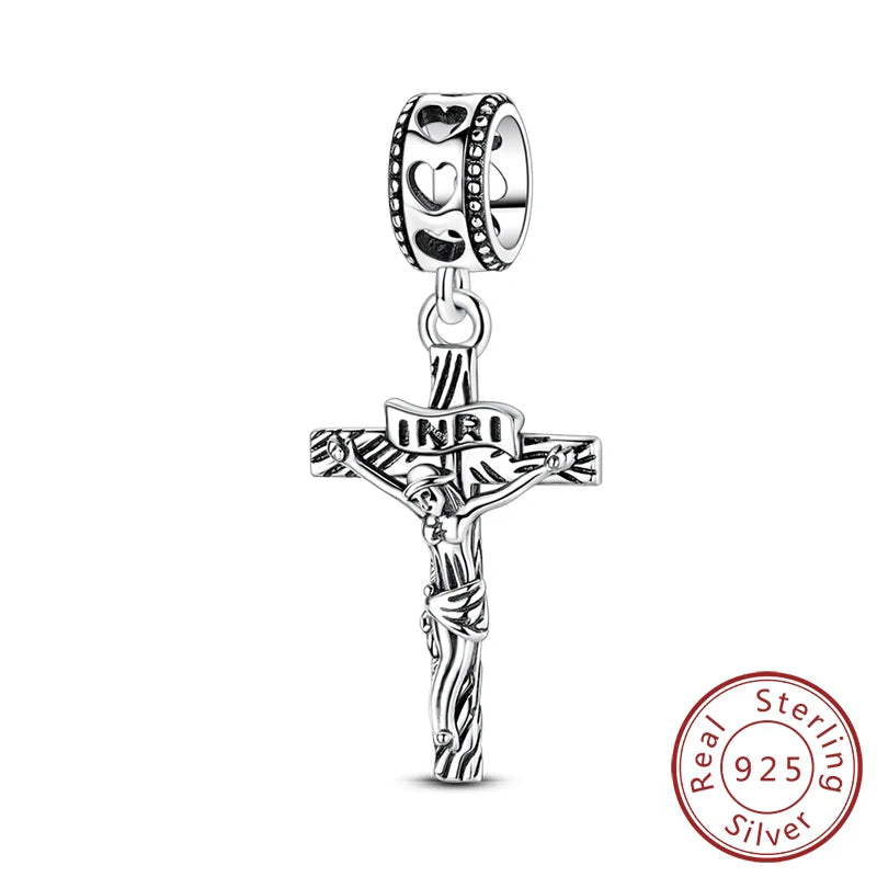 100% 925 Sterling Silver Charms Beads Bible Zircon Cross Jesus Both Hands Pray Fit 925 Original Bracelets Fine DIY Party Jewelry
