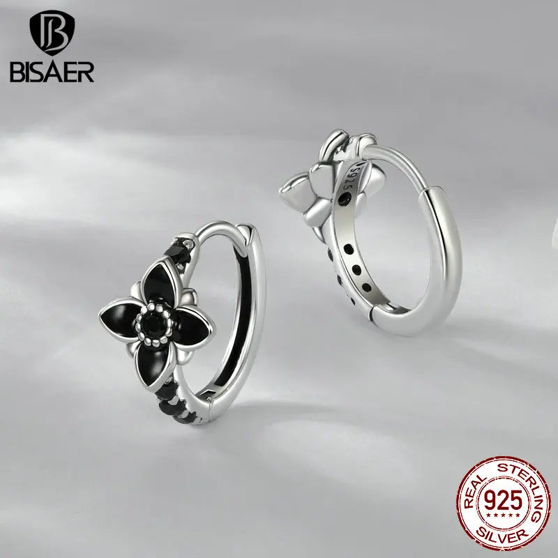 BISAER Boucles d'oreilles à tige en argent sterling 925 véritable avec fleur de nuit vintage en émail noir pour femme, bijoux fins de fête
