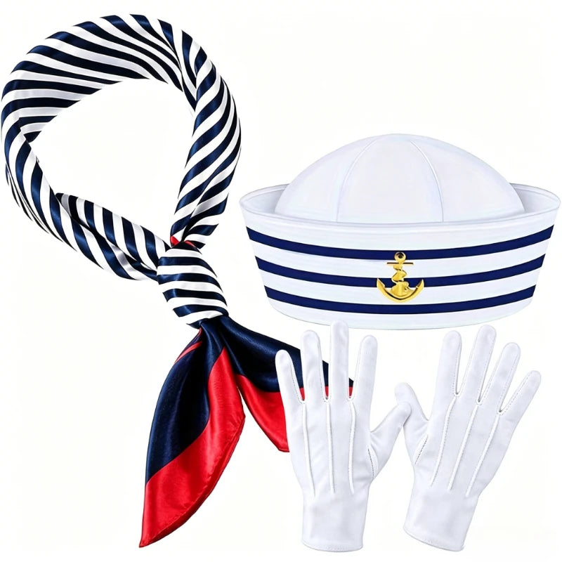 3 sets of navy captain hats, sailor hats, scarves, summer beach pool party cosplay hats, Halloween costume accessories