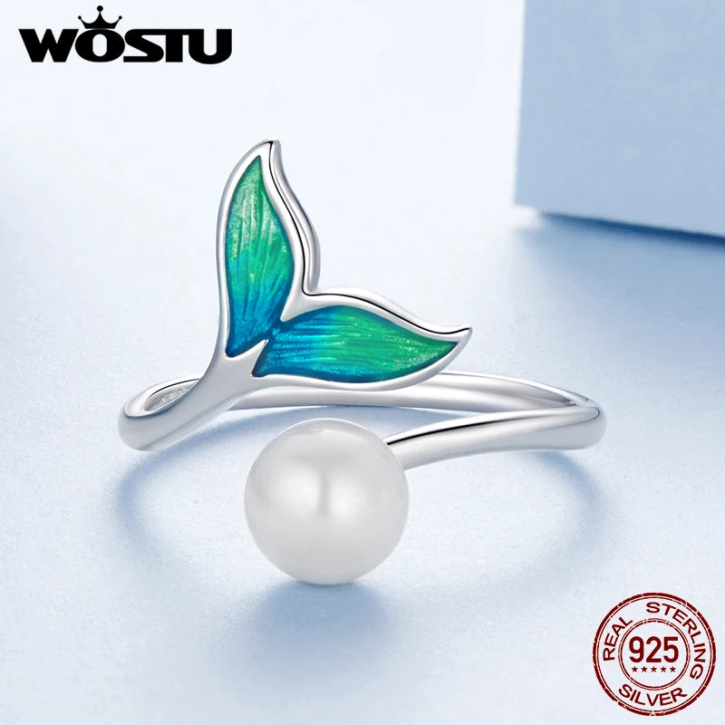 WOSTU Real 925 Sterling Silver Colorful Mermaid Open Ring Ocean For Women Blue Whale Adjustable Rings beach Jewelry Holiday Gift