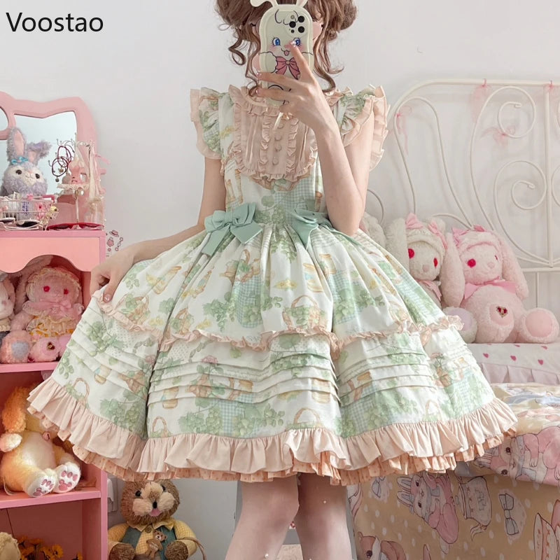 Japanese Sweet Lolita Dress Women Victorian Pastoral Style Princess Dress Ruffles Green Grape Print Bow Trailing Party Dresses