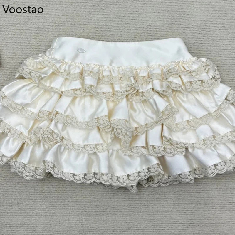 Sweet Harajuku Lolita Princess Skirt Suits Japanese Design Sense Women Bow Tank Tops Mini Cake Skirts Lace Hot Chick 2 Piece Set