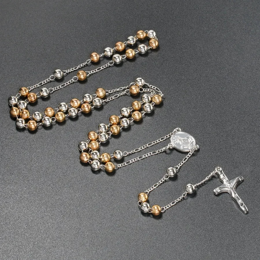 Catholic Rosary Pendant Necklaces For Women 6MM Beads Chain Crucifix Cross Long Necklace Men Religious Praye Jewelry