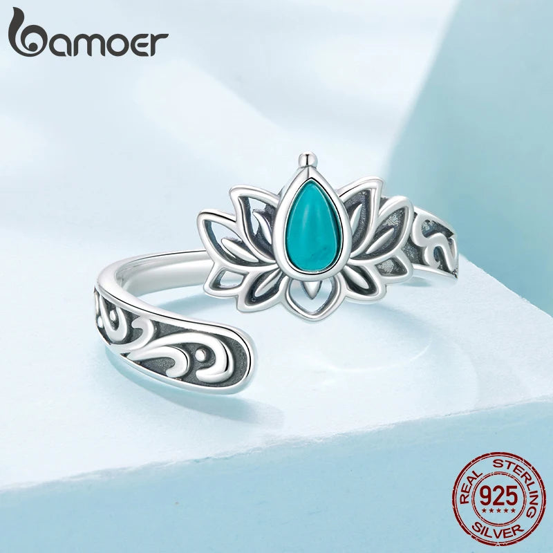 Bamoer 925 Sterling Silber Lotus Türkis Offener Ring Verstellbarer Retro-Muster Breiter Ring für Mutter Geburtstagsgeschenk Weihnachtsschmuck