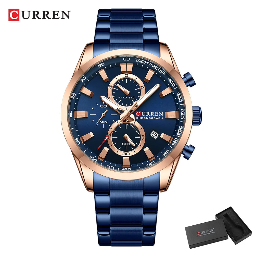 CURREN Casual Sporty Brand Stainless Steel Band Wristwatches for Men New Chronograph Quartz Watches with Date 8445