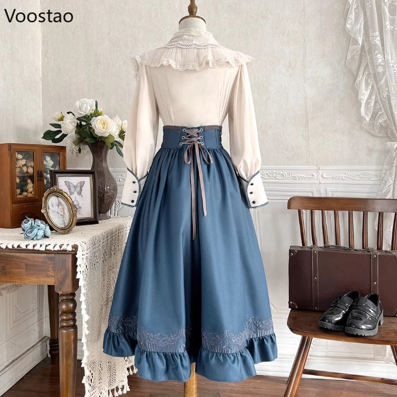 Vintage Elegant Lolita Dress Set Women Sweet Princess Bow Lace Ruffle Shirt Y2k Slim Skirt 3 Piece Set Punk Gothic Party Outfits