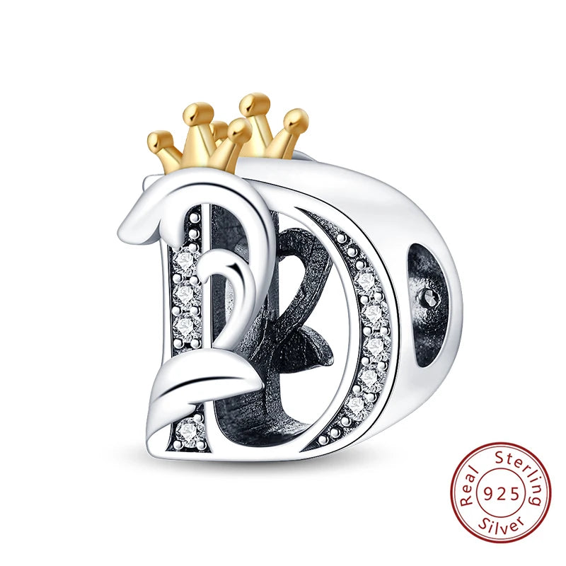 925 Sterling Silver 26 Alphabet A-Z Crown Letters Charms Bead Fit Original Bracelet Fine DIY Charm For Woman Anniversary Jewelry