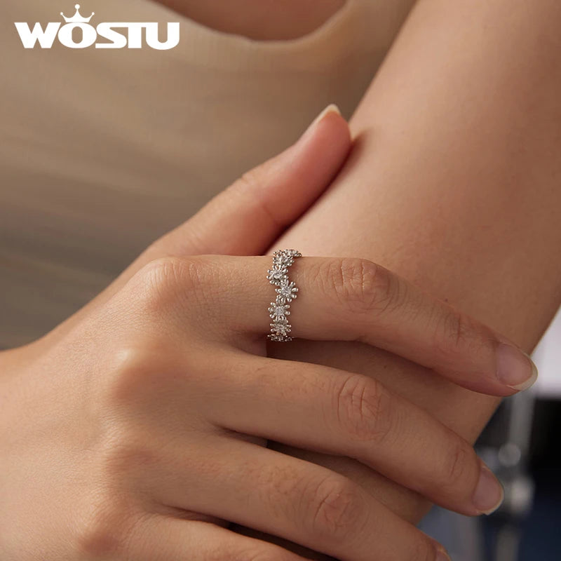 WOSTU Full Moissanite Daisy Staking Rings for Women , 925 Sterling Silver Simple flower Diamond Cut Band Rings Wedding Xmas Gift