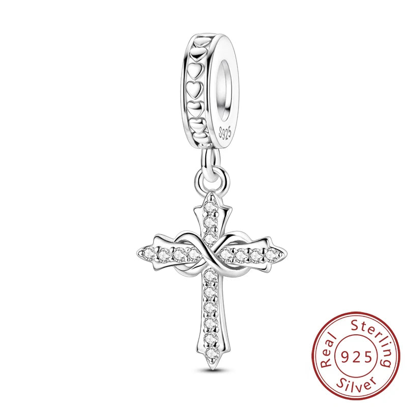 100% 925 Sterling Silver Charms Beads Bible Zircon Cross Jesus Both Hands Pray Fit 925 Original Bracelets Fine DIY Party Jewelry