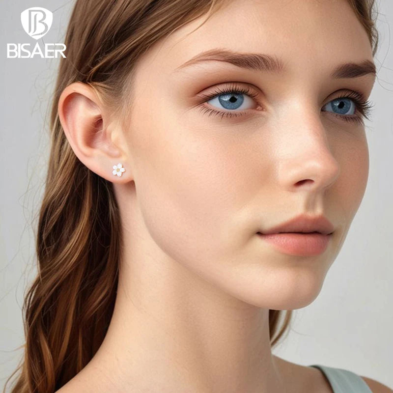 BISAER 925 Sterling Silver Sakura White Shell Stud Earrings White Cherry Blossoms Stud Ear for Women Girls Party Fine Jewelry