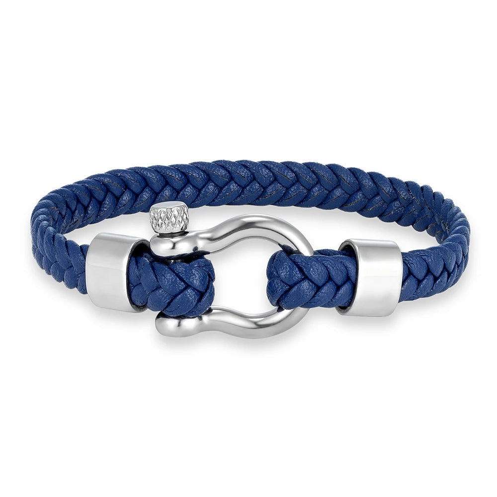 MKENDN Luxury Nautical Shackle Woven Leather Bracelet With Horseshoes Buckle Gift for Him Minimalistic Jewelry