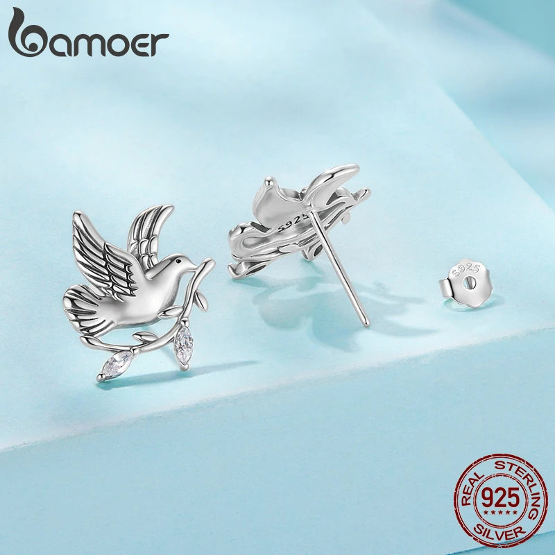 BAMOER 925 Sterling Silver Dove of Peace Stud Earrings Oxidized Bird For Peace Earrings with Push Back Women Girls Daily Jewelry