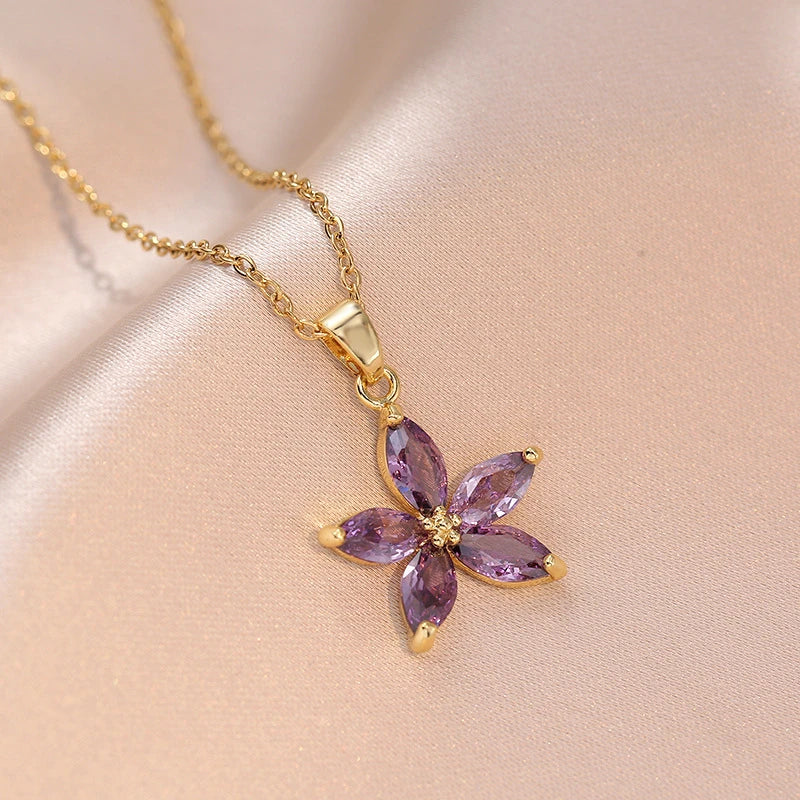 Stainless Steel Shiny Zircon Red Strawberry Pendant Necklace For Women Girls Romantic Flower Planet Tulip Choker Luxury Jewelry