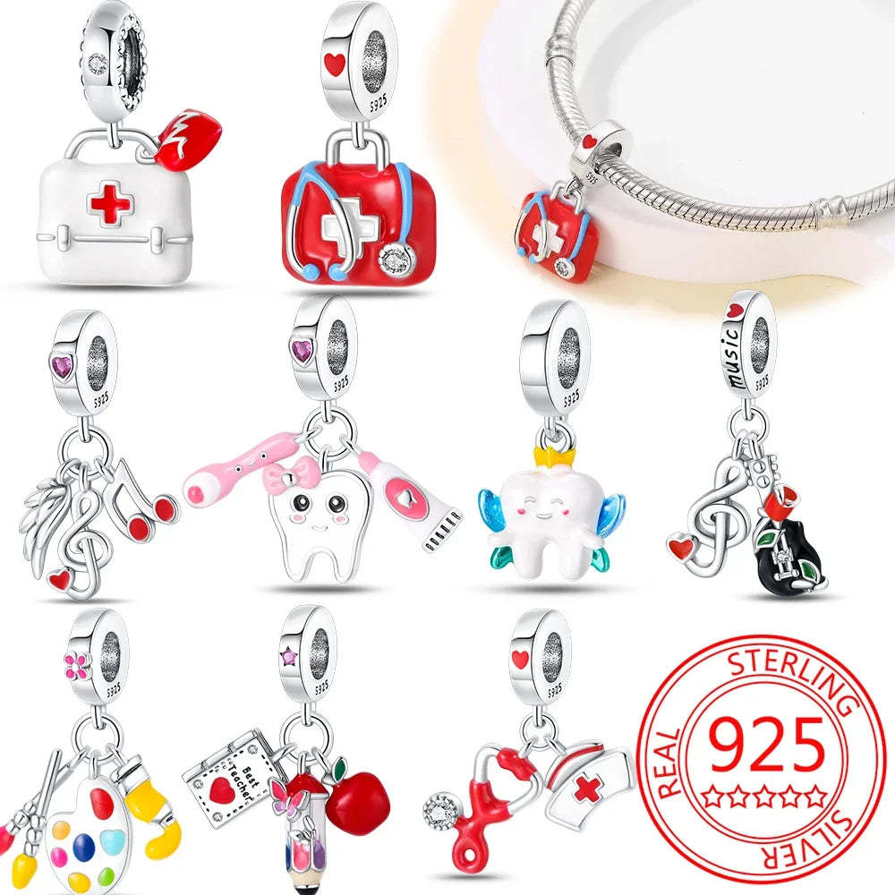925 Sterling Silver Career Series- Doctor Teacher Art Music Charm Bead Fit Original Bracelet for Women Jewelry Making