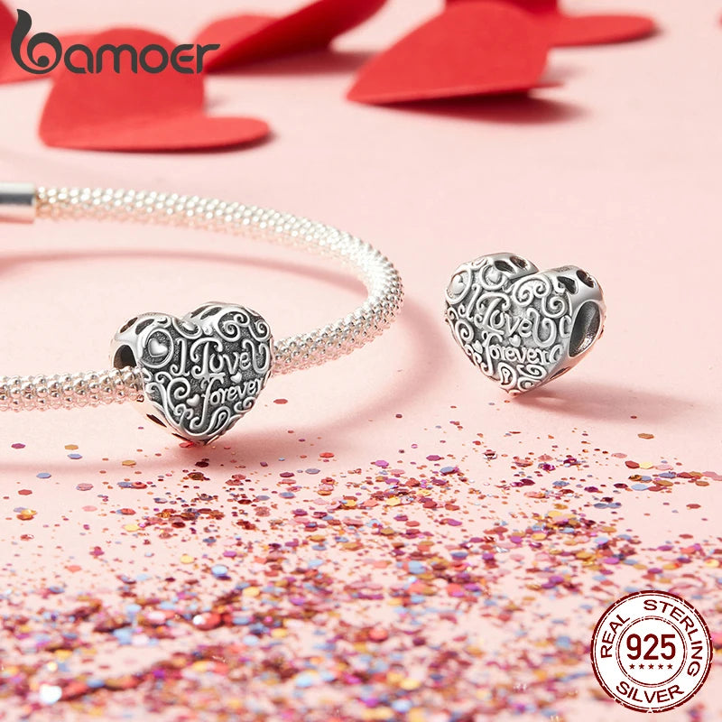 BAMOER - Breloque en forme de cœur en argent sterling 925 massif à motif rétro - Compatible avec les bracelets et colliers originaux - Bijoux DIY - Breloque en forme de cœur Bamoer