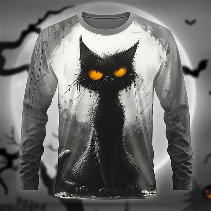 Halloween Men's Animal Cat 3D T-shirt Long-sleeved Men's Round-neck Shirt Fashionable Street Casual Daily Autumn Clothing