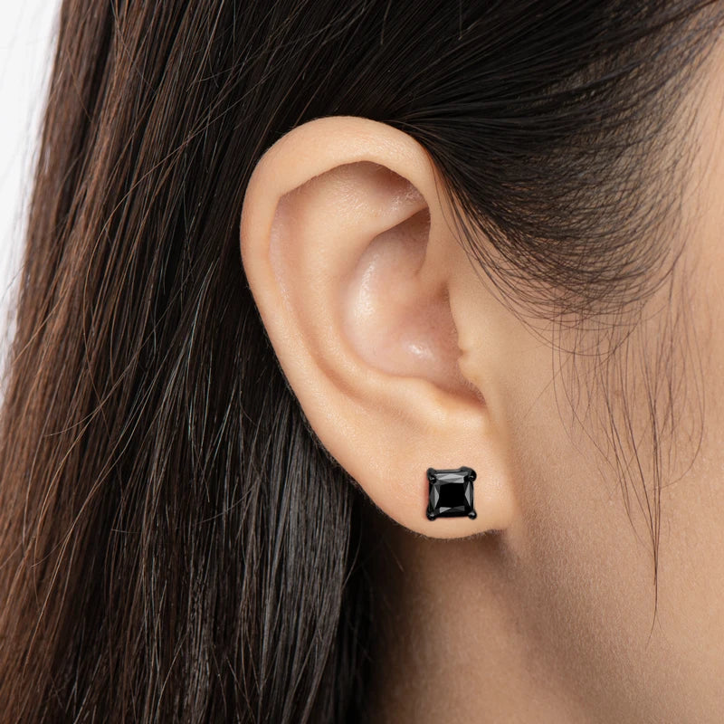 6x6mm Princess Cut Natural Black Onyx Ear Stud Classic 925 Silver Black Earrings for Fashion Men Women Party Fine Jewelry Gift